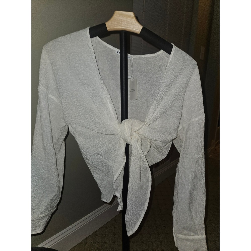 CLOZOZ White Textured Tie Front Long Sleeve Cropped Blouse Top Small NWT